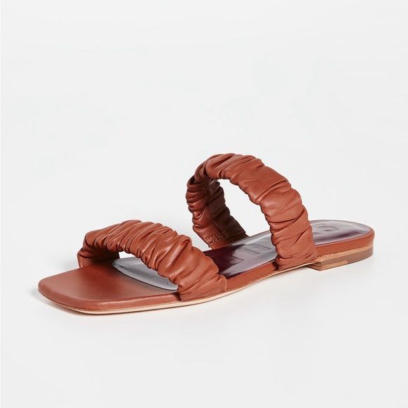 Used Staud Maya Ruched Leather Slides in Tan - Picture 9 of 10